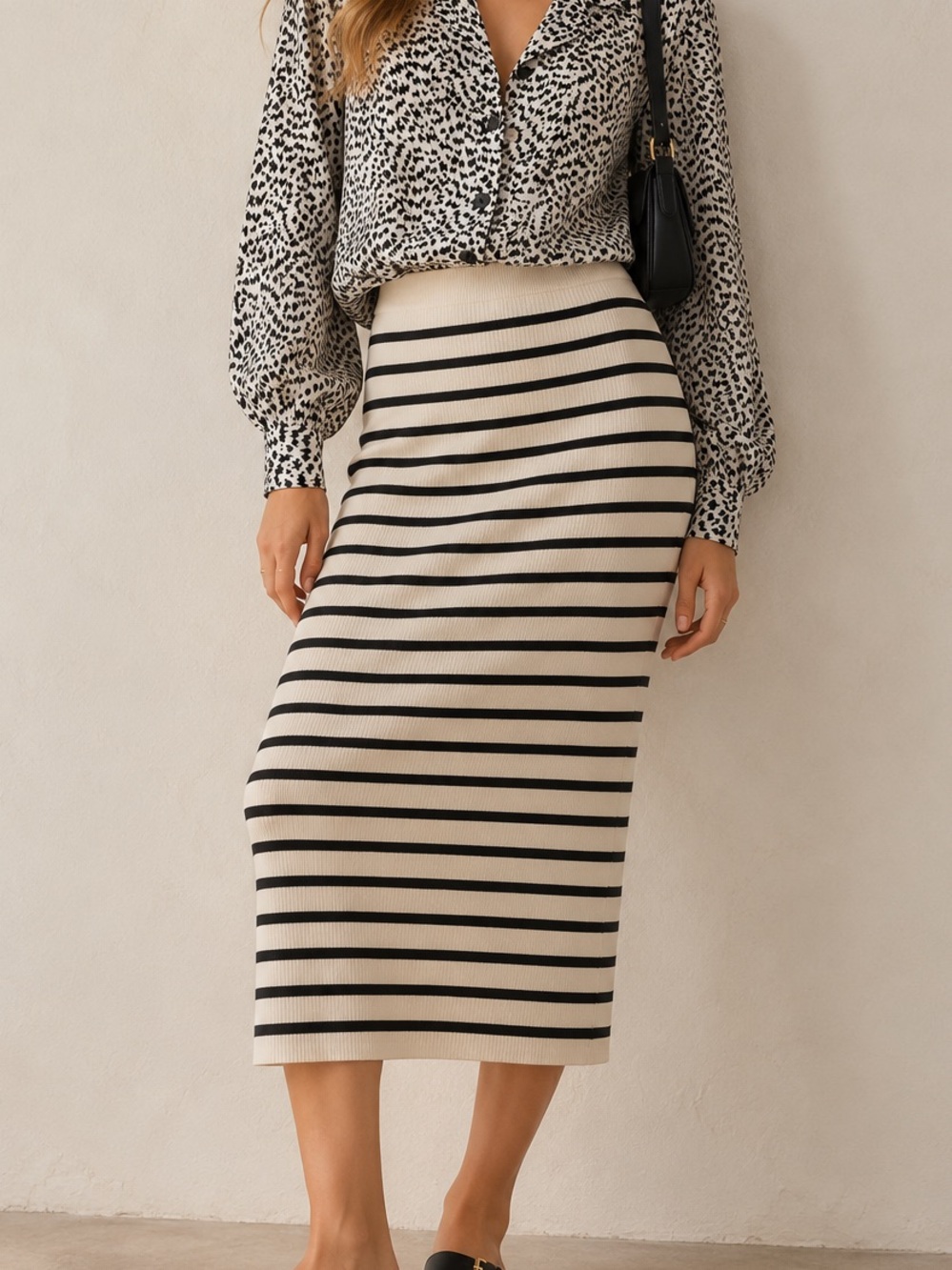 Zara Stripped Cream Black Midi Knit Stretch Skirt Sz Small